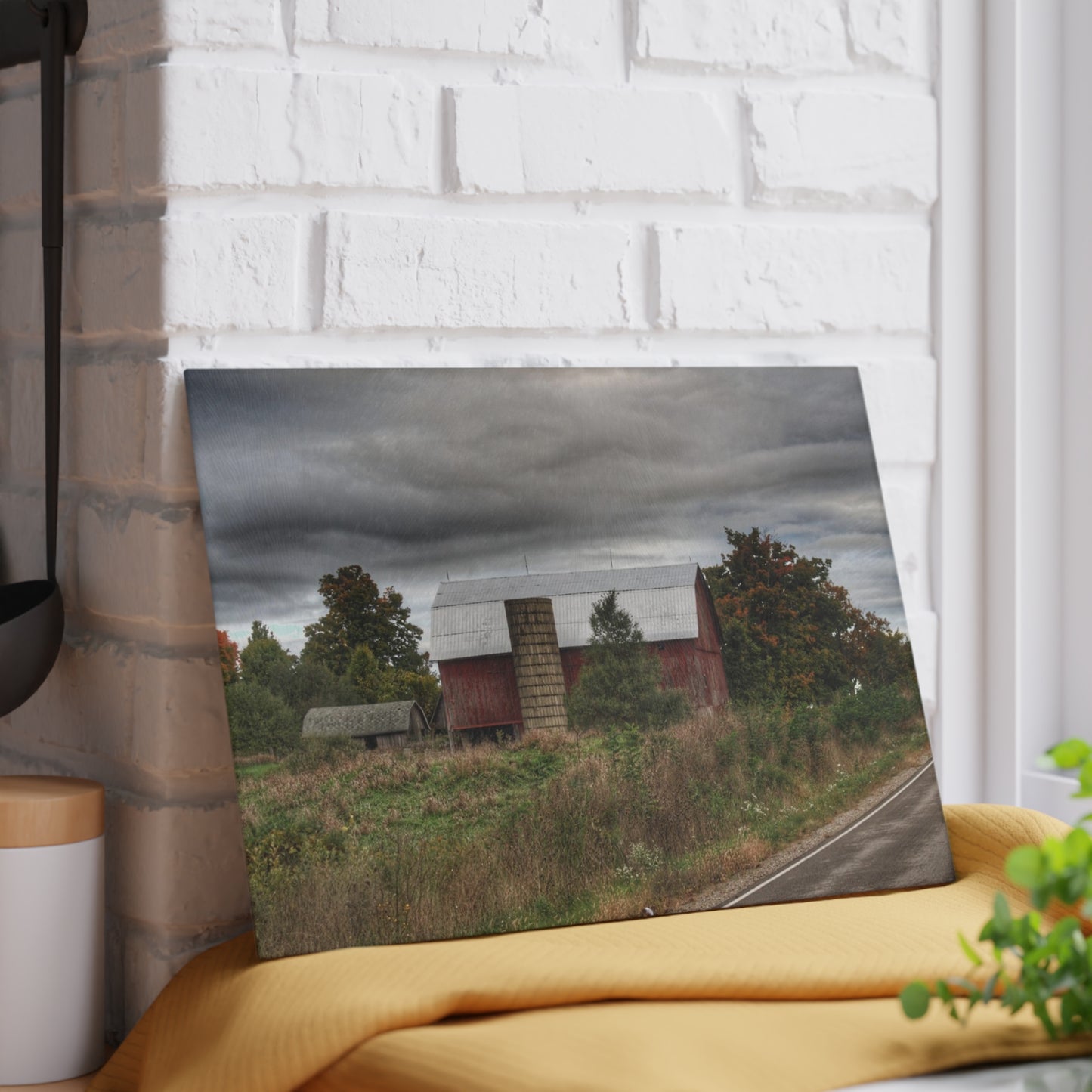 U R There Photography Columbiaville Red in Fall I Rustic Farmhouse Tempered-Glass Cutting Board