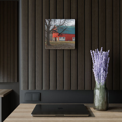 U R There Photography Wilson Road Red and Silo I Rustic Farmhouse Acrylic Analog Wall Clock
