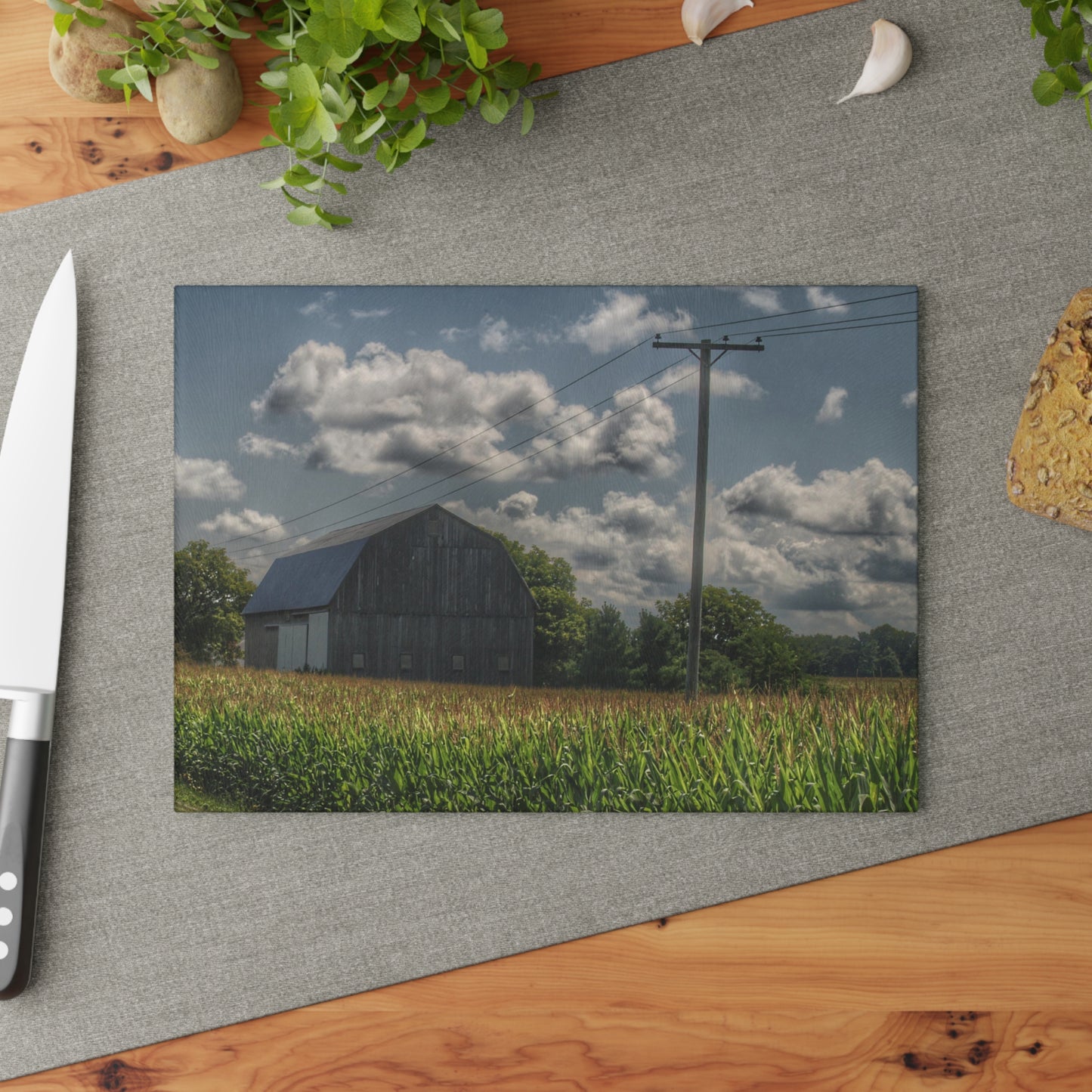 U R There Photography Grey Barn in a Cornfield Rustic Farmhouse Tempered-Glass Cutting Board
