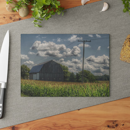U R There Photography Grey Barn in a Cornfield Rustic Farmhouse Tempered-Glass Cutting Board
