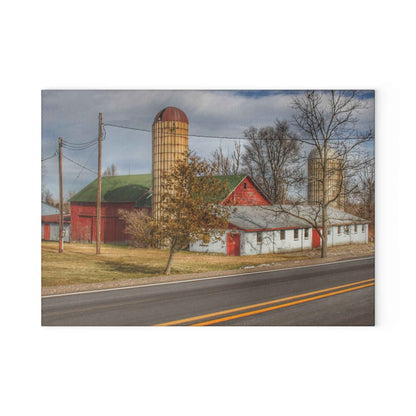 U R There Photography Newark Road Red and Silos III Rustic Farmhouse Tempered-Glass Cutting Board 8"x 11"