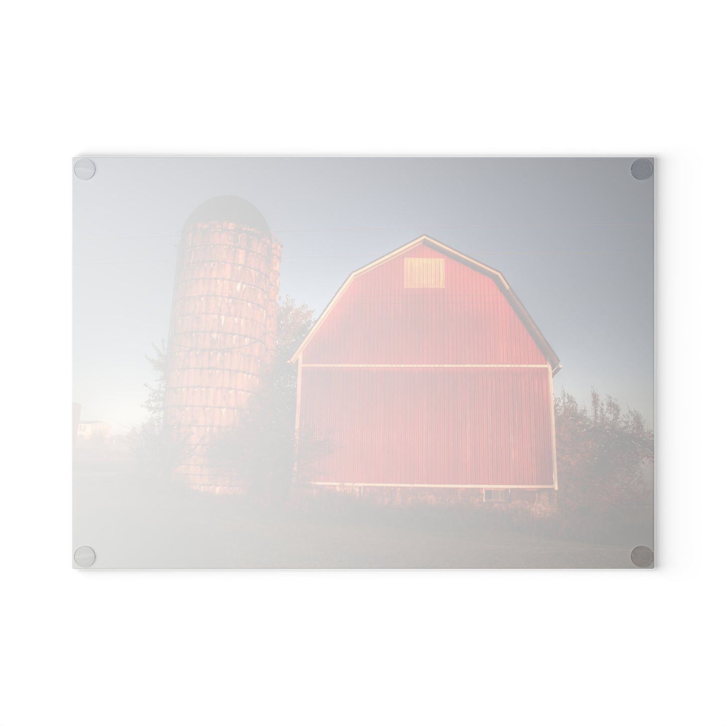 U R There Photography Klam Road Red Meets Foggy Sunrise I Rustic Farmhouse Tempered-Glass Cutting Board