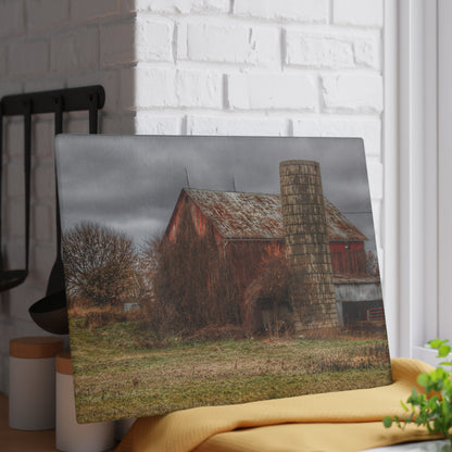 U R There Photography Slattery Road Old Red and Silo I Rustic Farmhouse Tempered-Glass Cutting Board