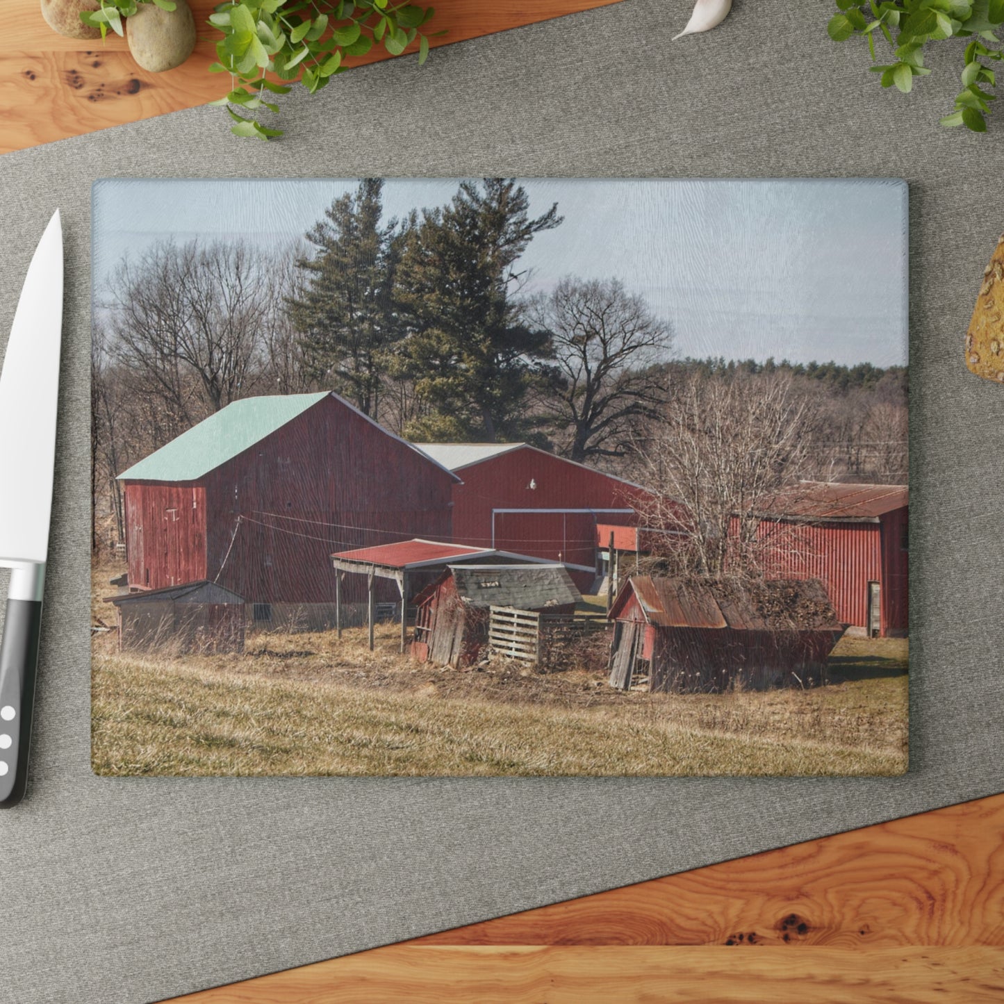 U R There Photography Bronson Lake Reds Rustic Farmhouse Tempered-Glass Cutting Board 8"x 11"