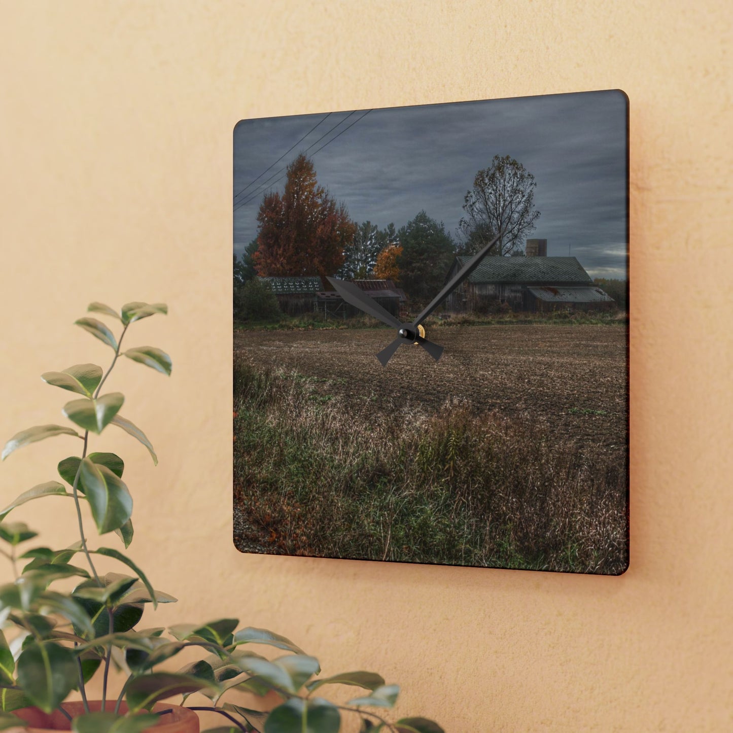 U R There Photography Birch Run Road Greys II Rustic Farmhouse Acrylic Analog Wall Clock