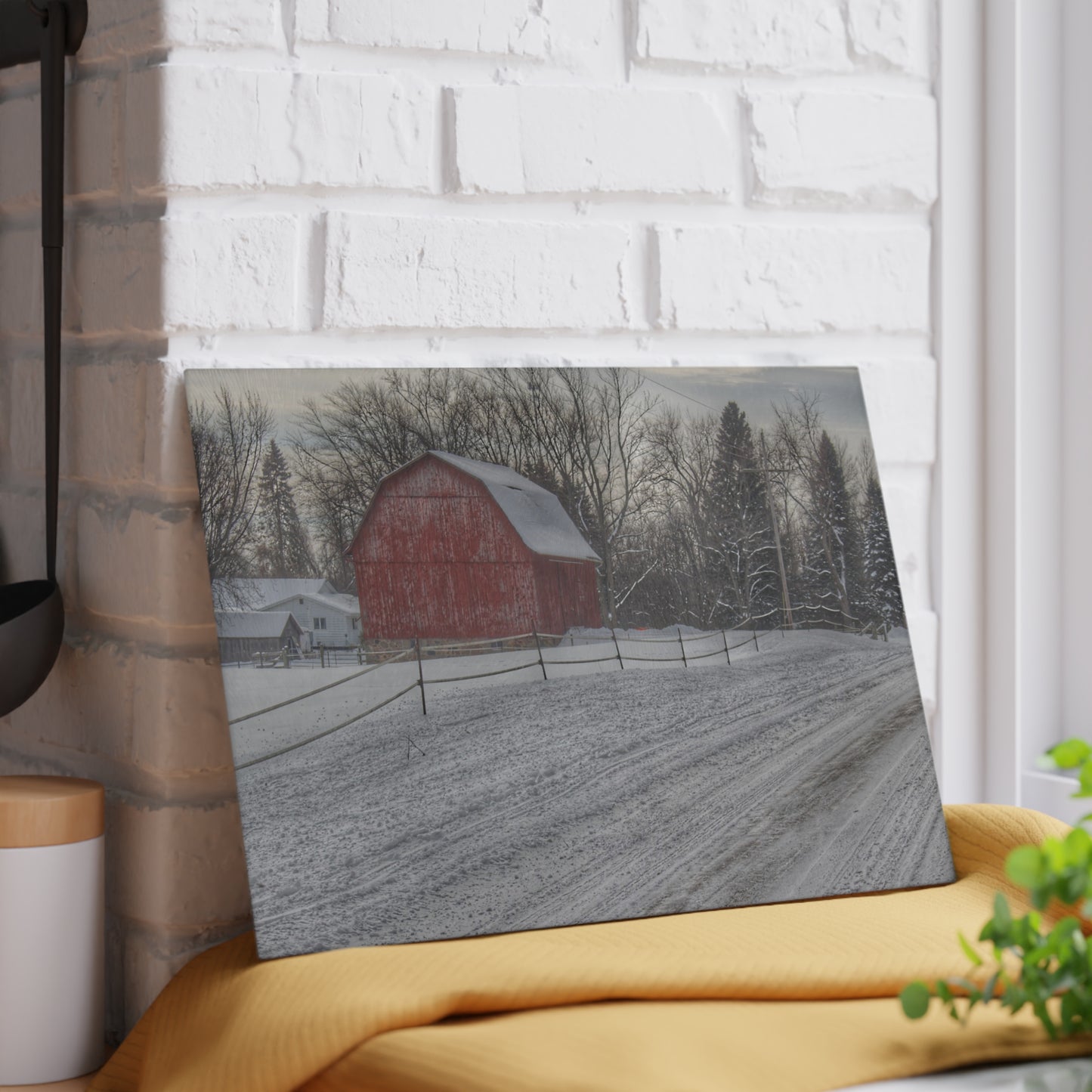U R There Photography Phillips Road Winter Red Rustic Farmhouse Tempered-Glass Cutting Board