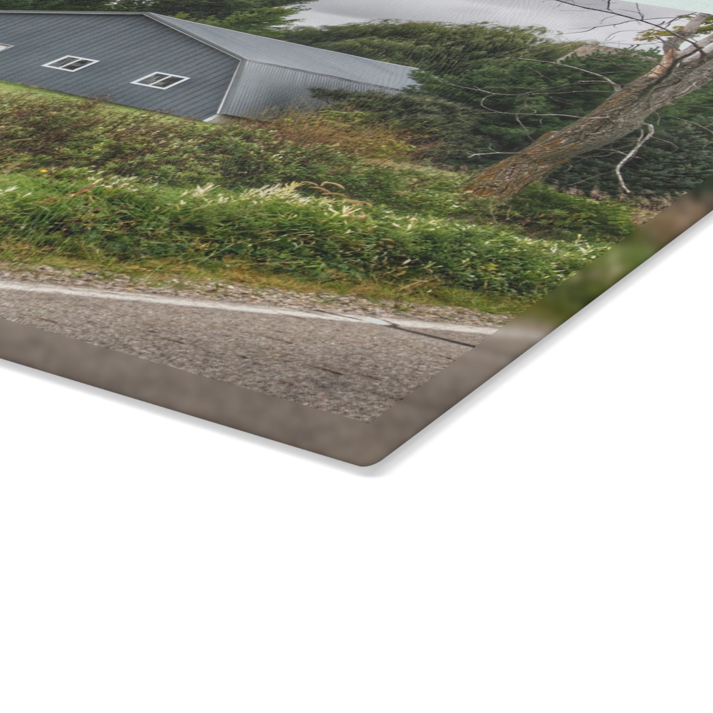 U R There Photography Hinson Road Grey Quonset Rustic Farmhouse Tempered-Glass Cutting Board