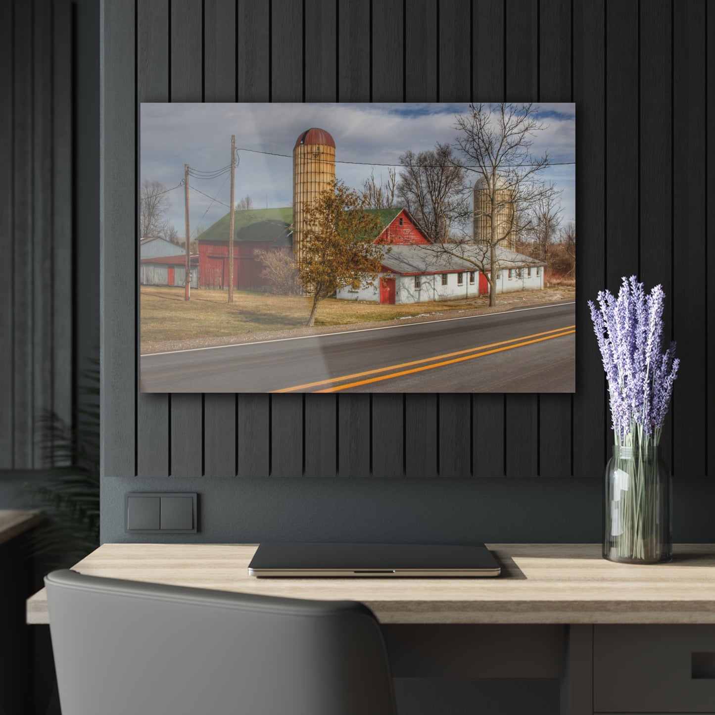 U R There Photography Newark Road Red and Silos III Rustic Farmhouse Acrylic Wall Print