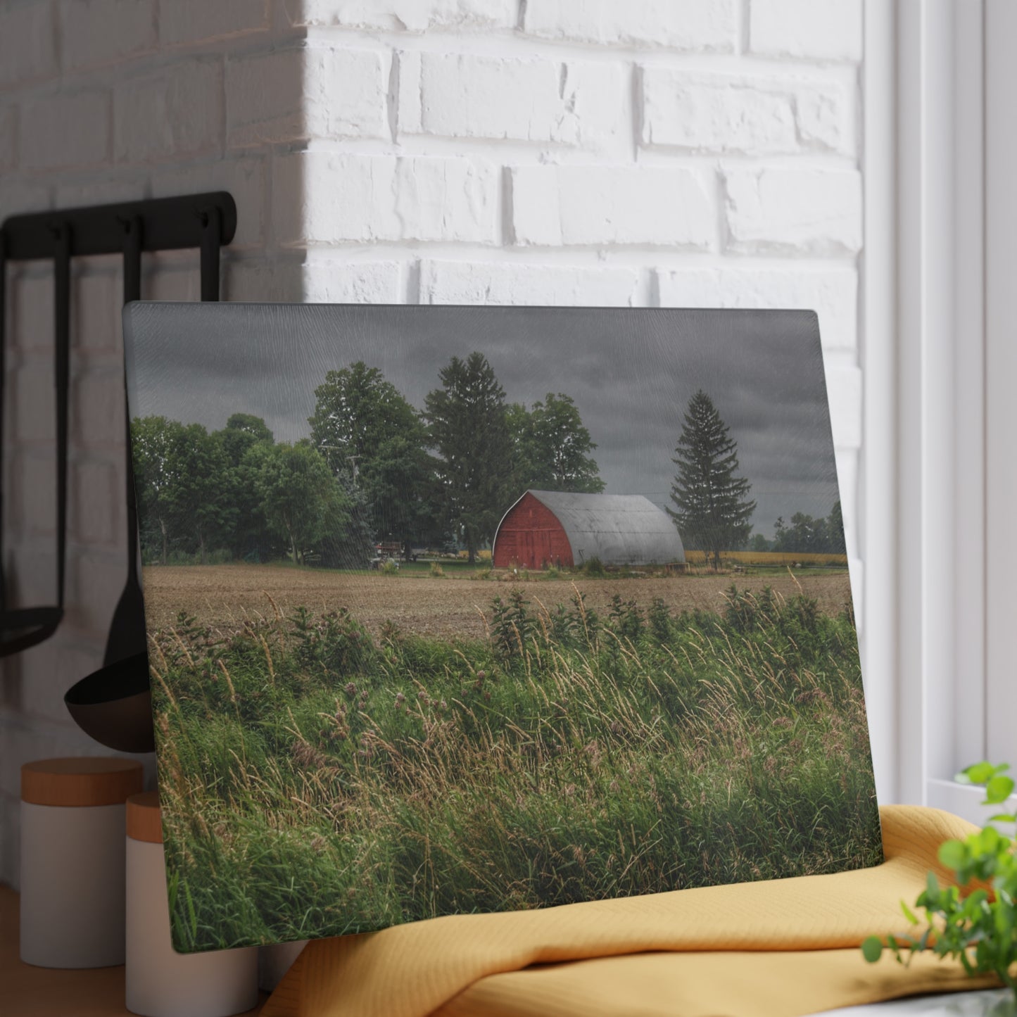 U R There Photography Mayville Road Red Quonset Rustic Farmhouse Tempered-Glass Cutting Board
