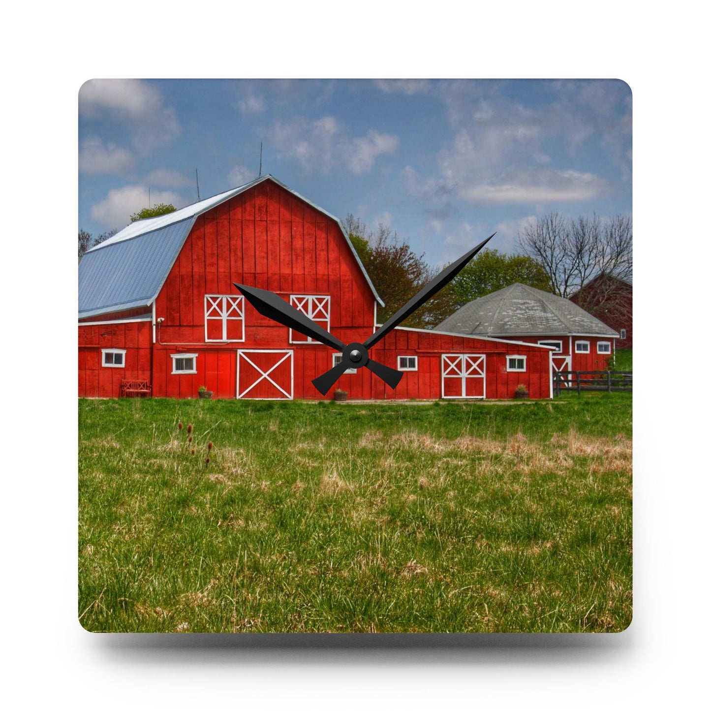 U R There Photography Delano Road Reds I Rustic Farmhouse Acrylic Analog Wall Clock
