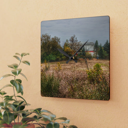 U R There Photography Hadley Road Hidden Red in Fall Rustic Farmhouse Acrylic Analog Wall Clock
