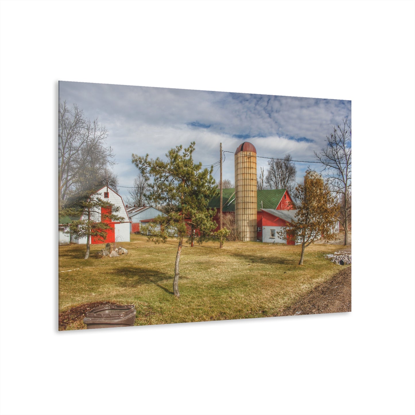 U R There Photography Newark Road Red and Silos I Rustic Farmhouse Acrylic Wall Print