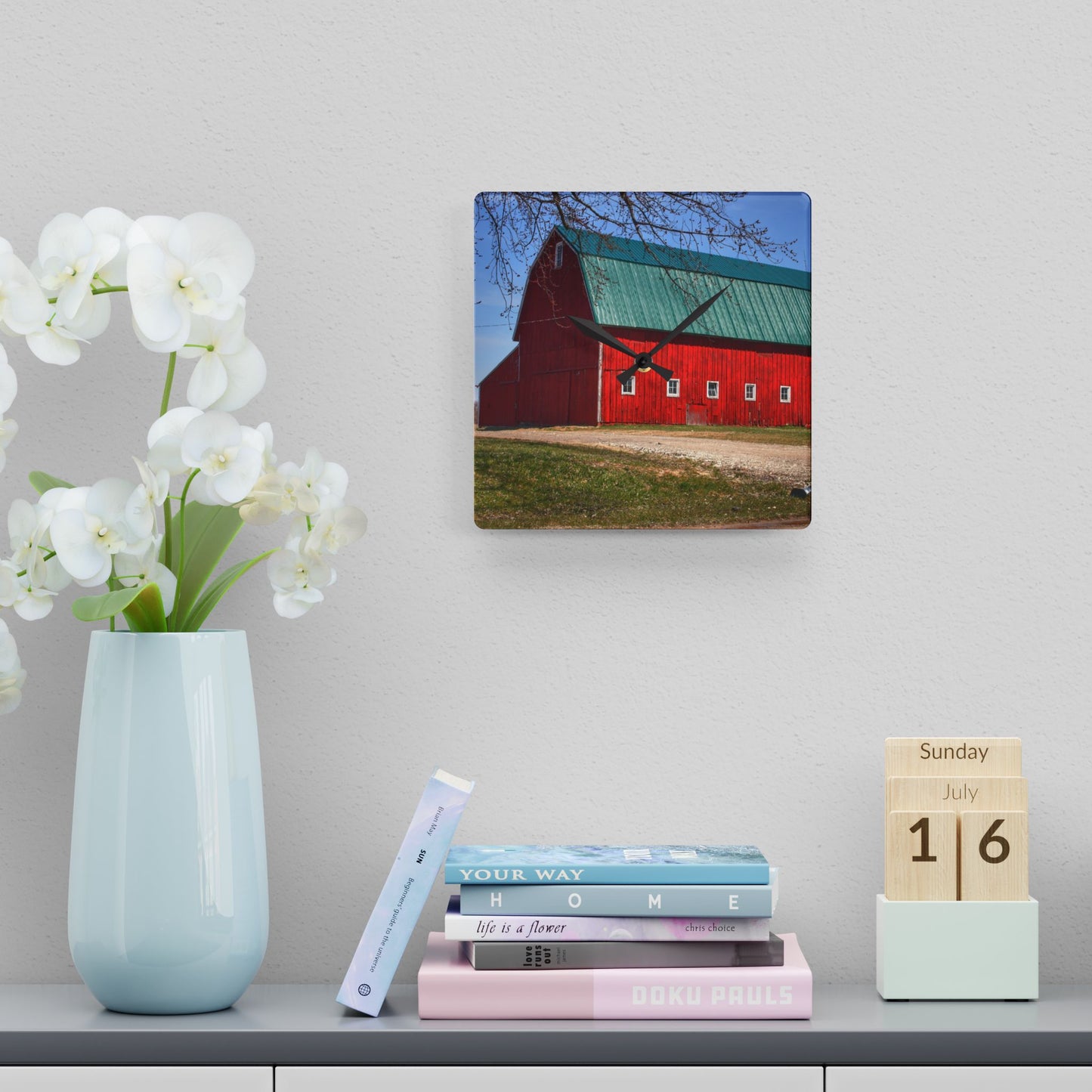 U R There Photography Perry Road Red Rustic Farmhouse Acrylic Analog Wall Clock