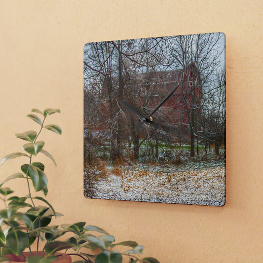 U R There Photography Hough Road Hidden Winter Red II Rustic Farmhouse Acrylic Analog Wall Clock
