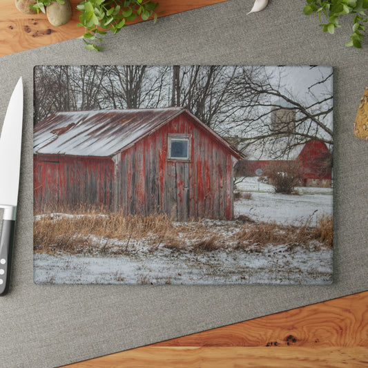 U R There Photography Frenchline Road Red Shack and Barn Rustic Farmhouse Tempered-Glass Cutting Board