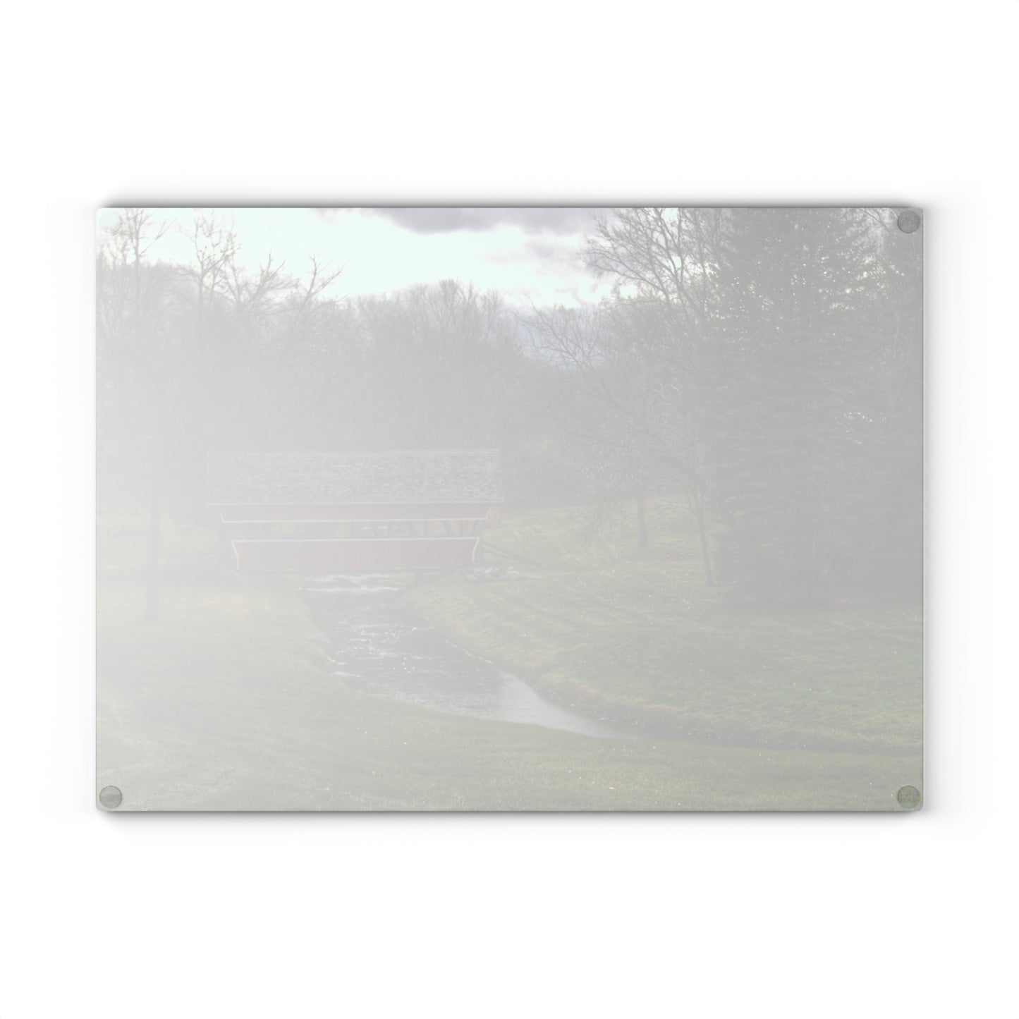 U R There Photography Hadley Covered Bridge III Rustic Farmhouse Tempered-Glass Cutting Board