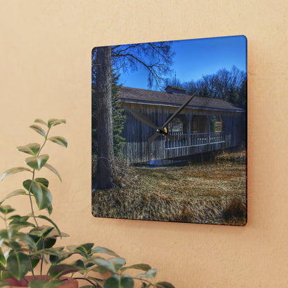 U R There Photography Covered Bridge of Campground Road I Rustic Farmhouse Acrylic Analog Wall Clock