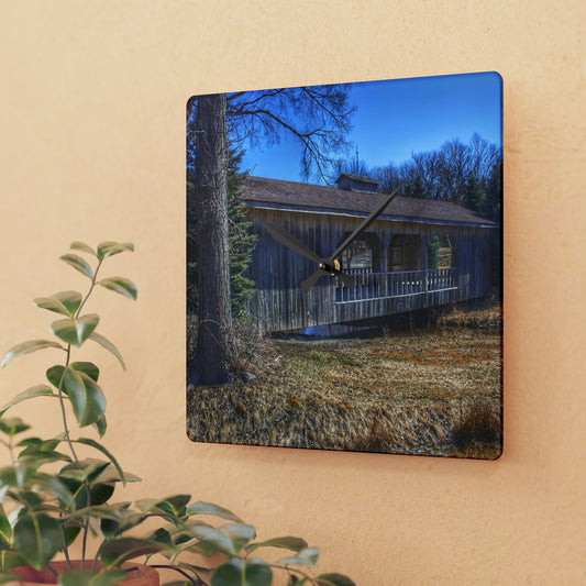 U R There Photography Covered Bridge of Campground Road I Rustic Farmhouse Acrylic Analog Wall Clock
