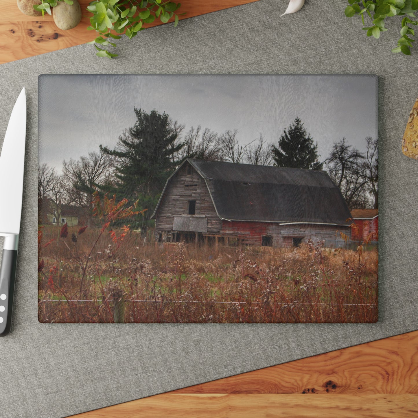 U R There Photography Field Grey and Little Red Rustic Farmhouse Tempered-Glass Cutting Board
