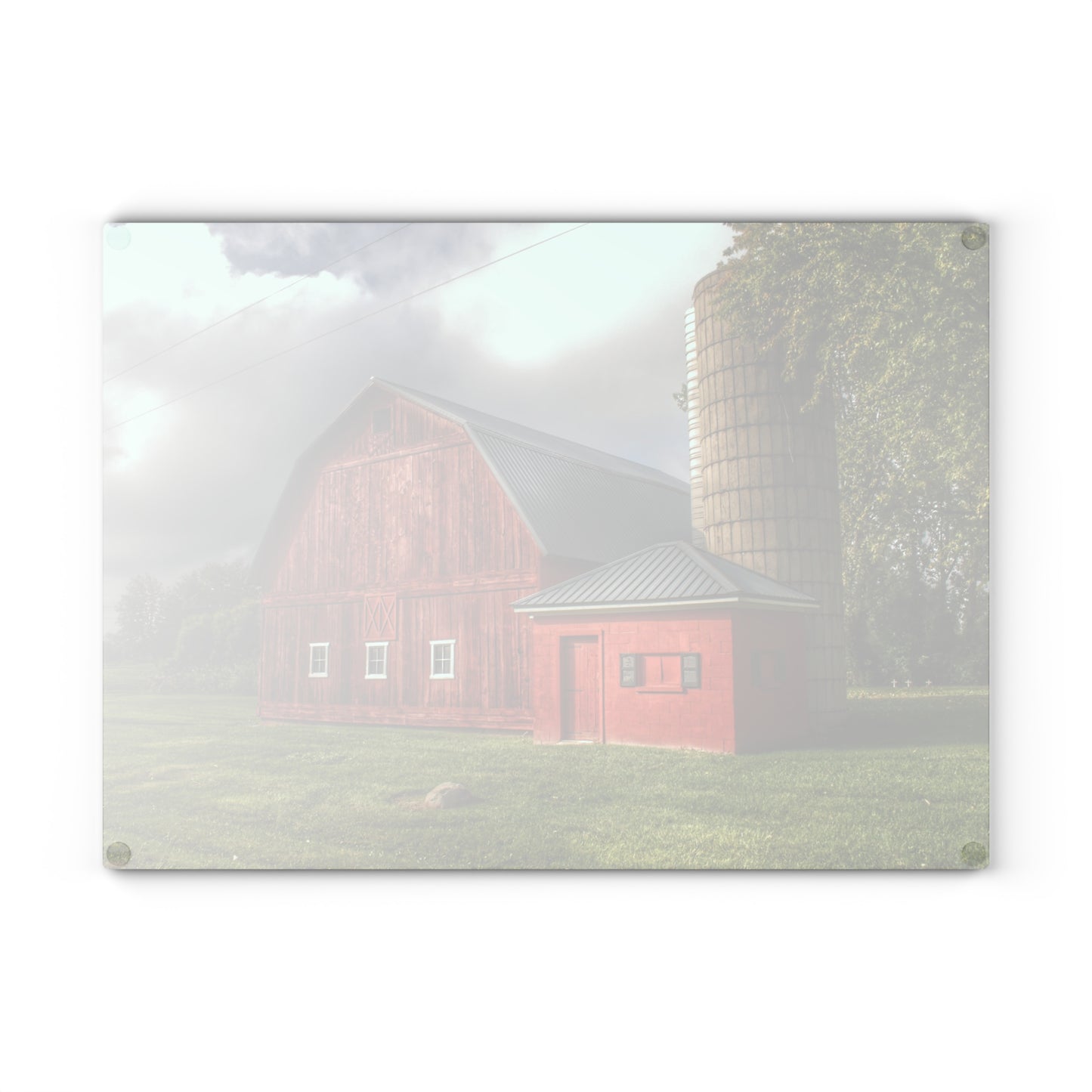 Barn Boutique Rustic Tempered-Glass Cutting Board| Hollow Corners Red and Silo