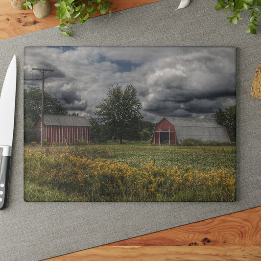 U R There Photography Pinstripe Barn and Buddy II Rustic Farmhouse Tempered-Glass Cutting Board