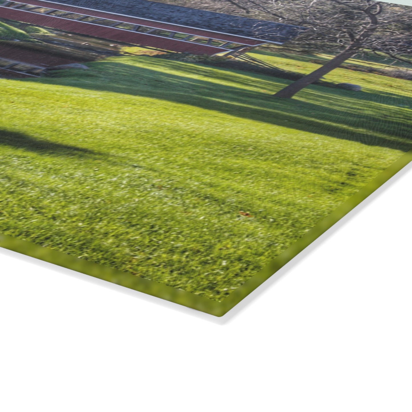 U R There Photography Hadley Covered Bridge I Rustic Farmhouse Tempered-Glass Cutting Board