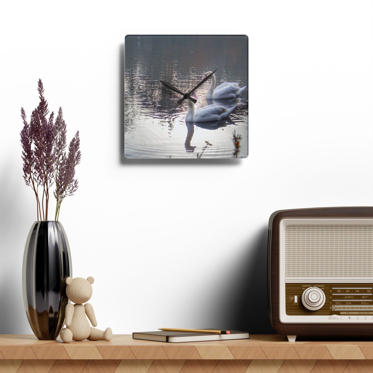 U R There Photography Swans of Duck Lake II Rustic Farmhouse Acrylic Analog Wall Clock