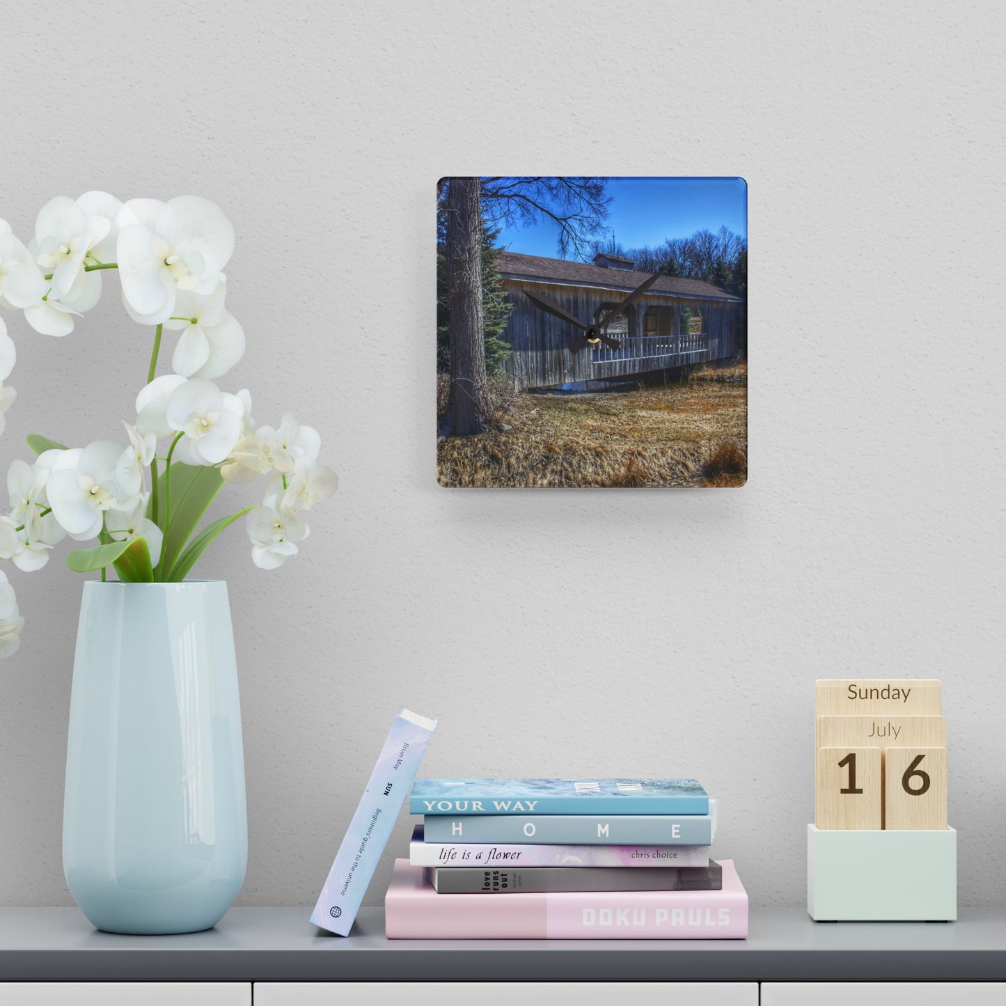 U R There Photography Covered Bridge of Campground Road I Rustic Farmhouse Acrylic Analog Wall Clock