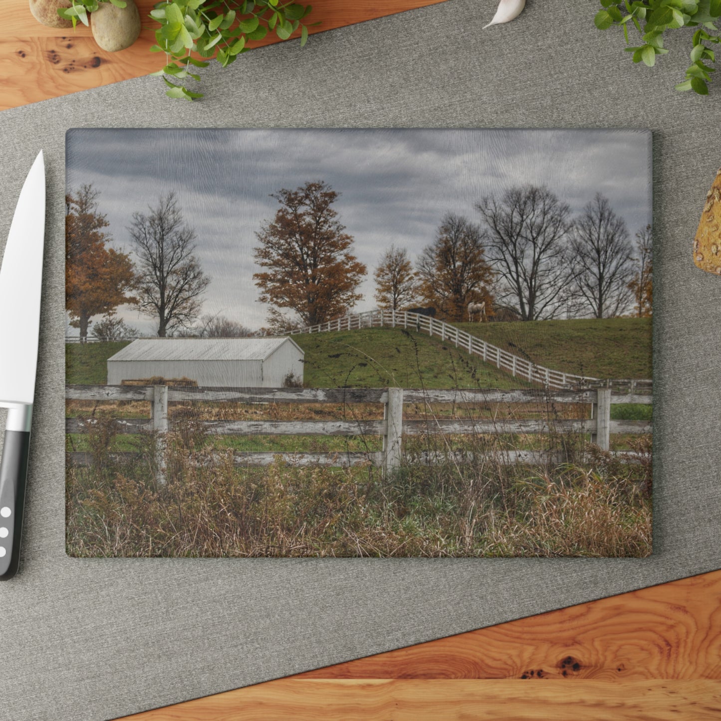 U R There Photography Millville Road Horses on the Hill Rustic Farmhouse Tempered-Glass Cutting Board