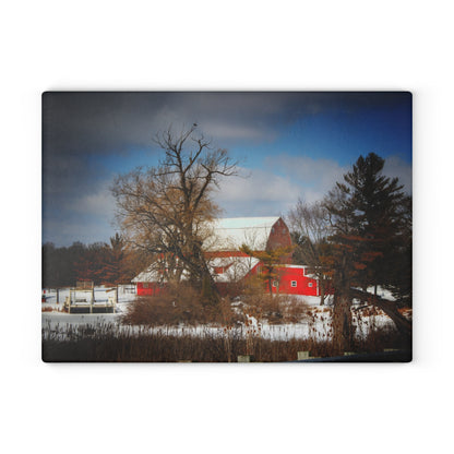 U R There Photography Hadley Road Hidden Winter Red Rustic Farmhouse Tempered-Glass Cutting Board
