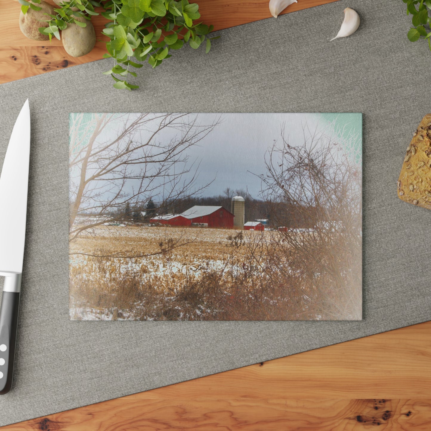 U R There Photography Brook Road Red in Winter Rustic Farmhouse Tempered-Glass Cutting Board