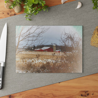 U R There Photography Brook Road Red in Winter Rustic Farmhouse Tempered-Glass Cutting Board