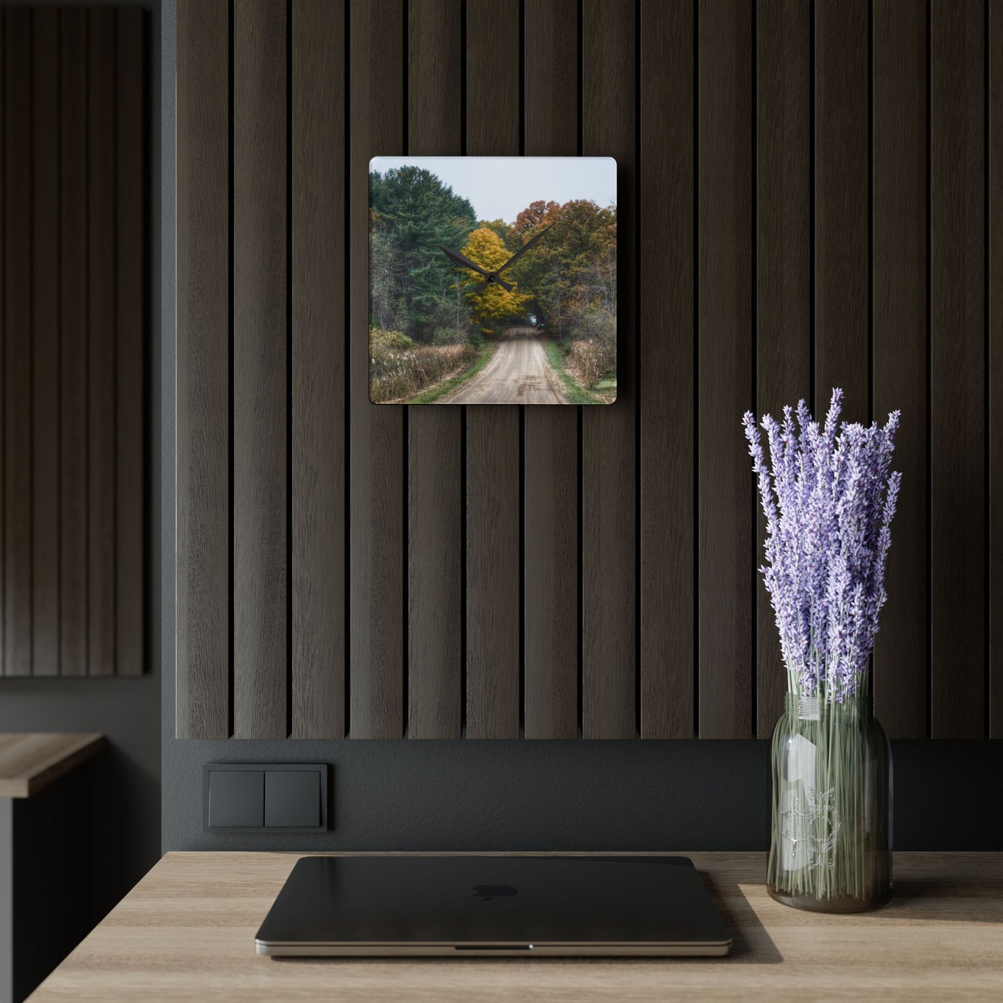 U R There Photography Country Roads in Dryden I Rustic Farmhouse Acrylic Analog Wall Clock