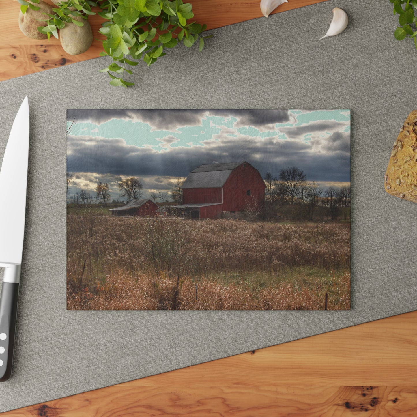 U R There Photography Booth Road Cow Barn II Rustic Farmhouse Tempered-Glass Cutting Board