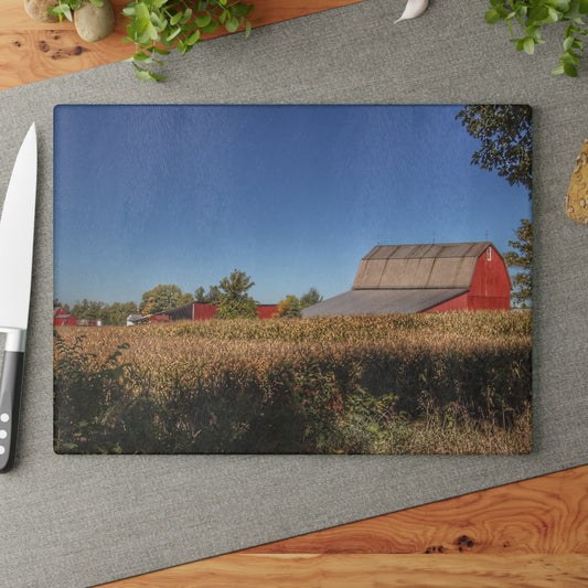 U R There Photography Red Saltbox Barn Rustic Farmhouse Tempered-Glass Cutting Board
