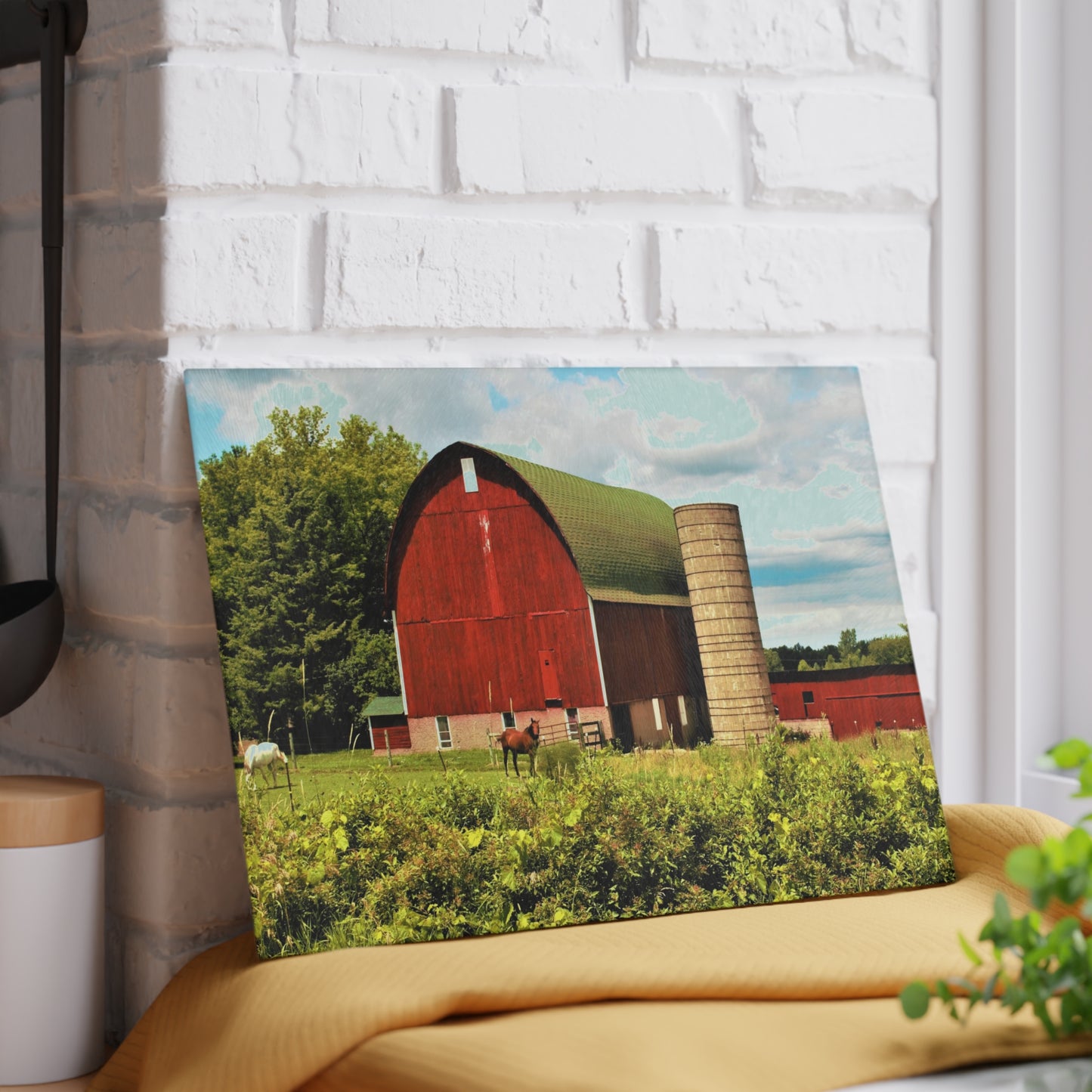 Barn Boutique Rustic Tempered-Glass Cutting Board| Elmwood Road Red Barn and Horses