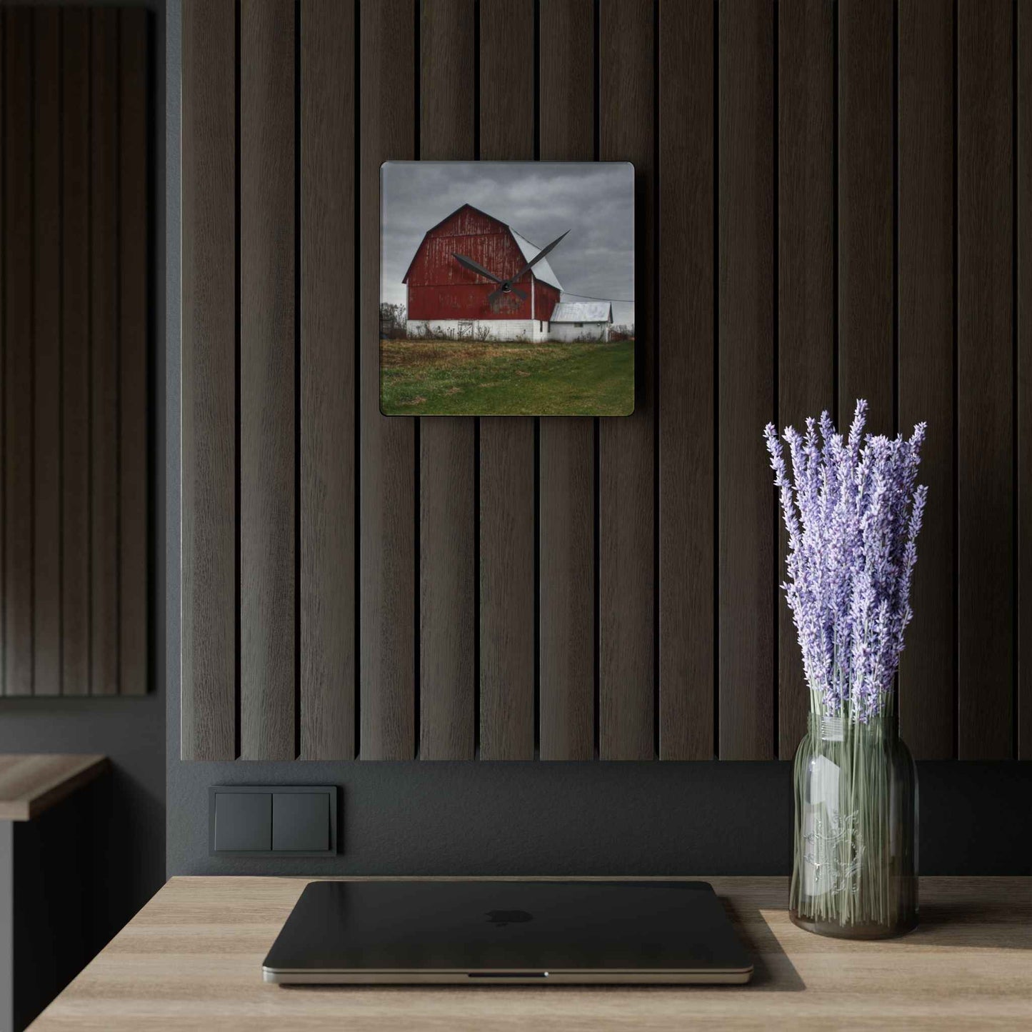 U R There Photography Mills Road Red I Rustic Farmhouse Acrylic Analog Wall Clock