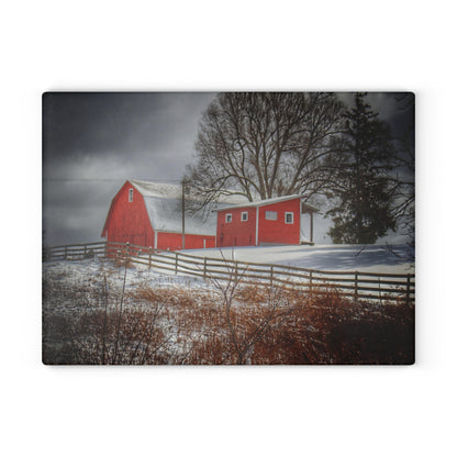 U R There Photography Catlin Red and Fence I Rustic Farmhouse Tempered-Glass Cutting Board