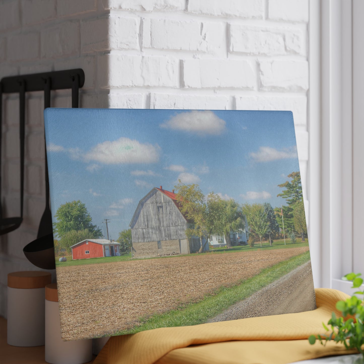 U R There Photography Sheridan Line Road Grey I Rustic Farmhouse Tempered-Glass Cutting Board