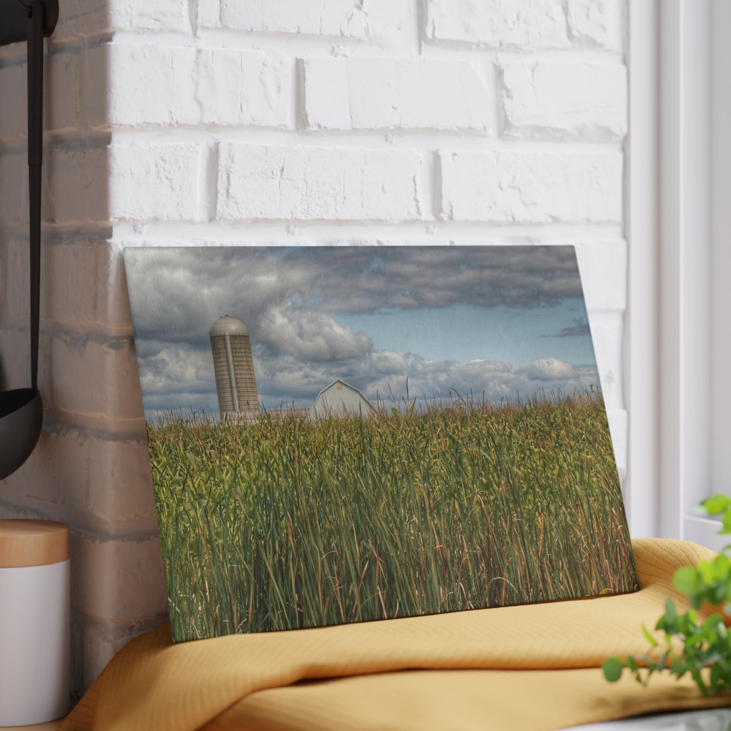 U R There Photography White Barn Overlooking Cornfield Rustic Farmhouse Tempered-Glass Cutting Board