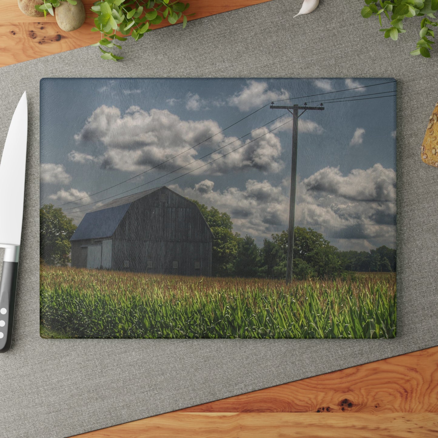 U R There Photography Grey Barn in a Cornfield Rustic Farmhouse Tempered-Glass Cutting Board