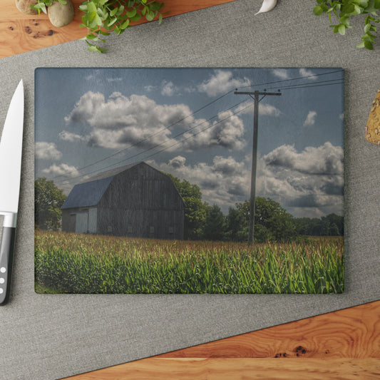 U R There Photography Grey Barn in a Cornfield Rustic Farmhouse Tempered-Glass Cutting Board