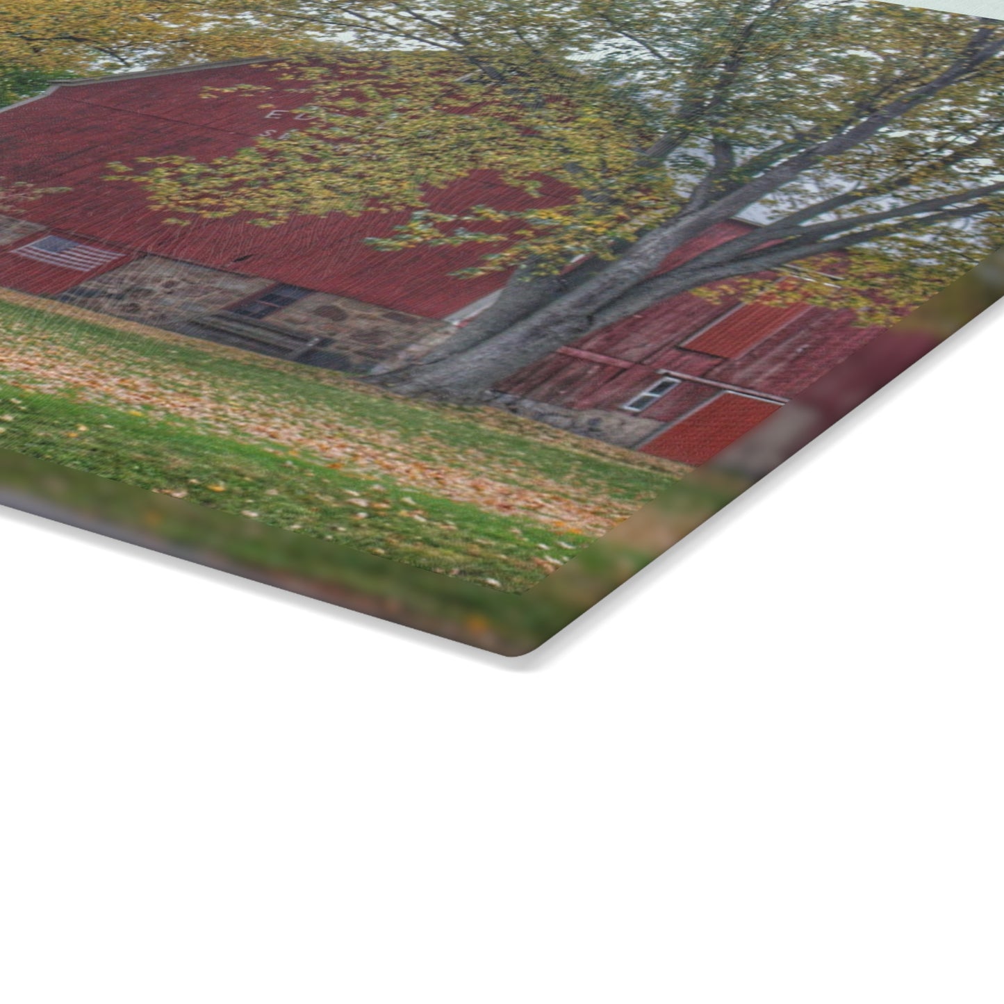 U R There Photography Mayville Lapeer Road Red in the Fall Rustic Farmhouse Tempered-Glass Cutting Board