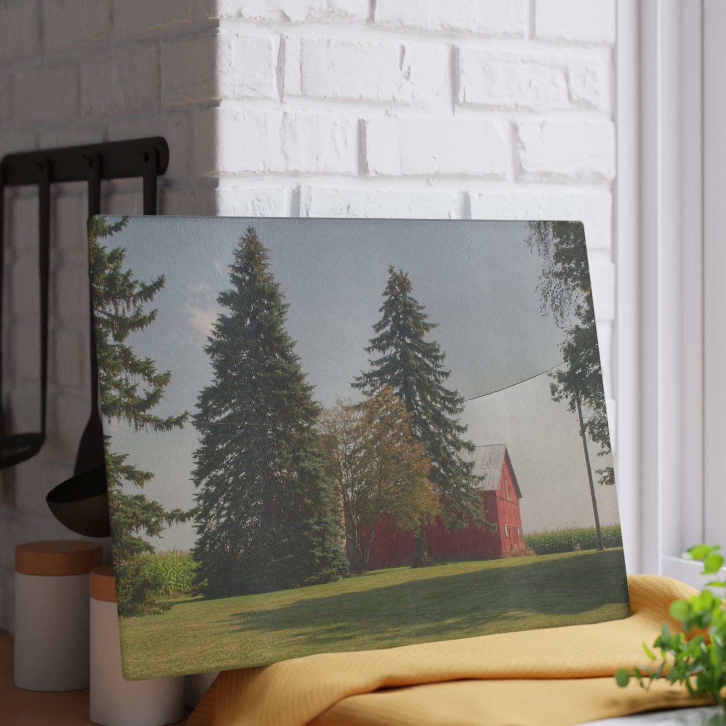U R There Photography Small Red Barn Beneath the Pines Rustic Farmhouse Tempered-Glass Cutting Board