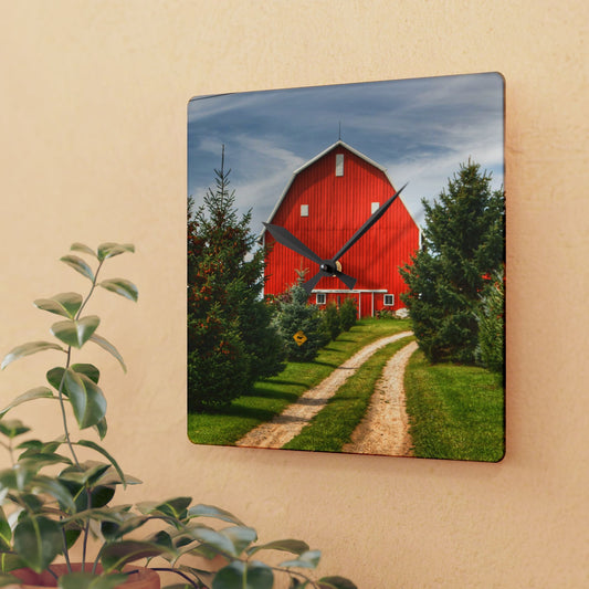 U R There Photography Brown City Road Pine Red Rustic Farmhouse Acrylic Analog Wall Clock