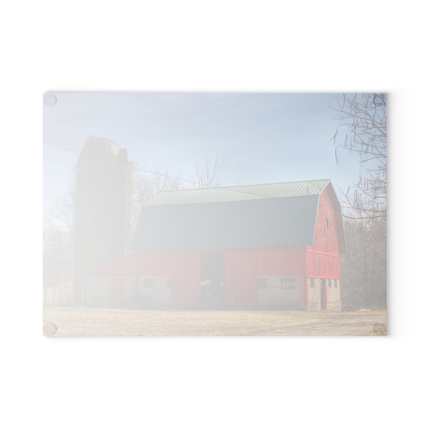 U R There Photography Wilson Road Red and Silo II Rustic Farmhouse Tempered-Glass Cutting Board