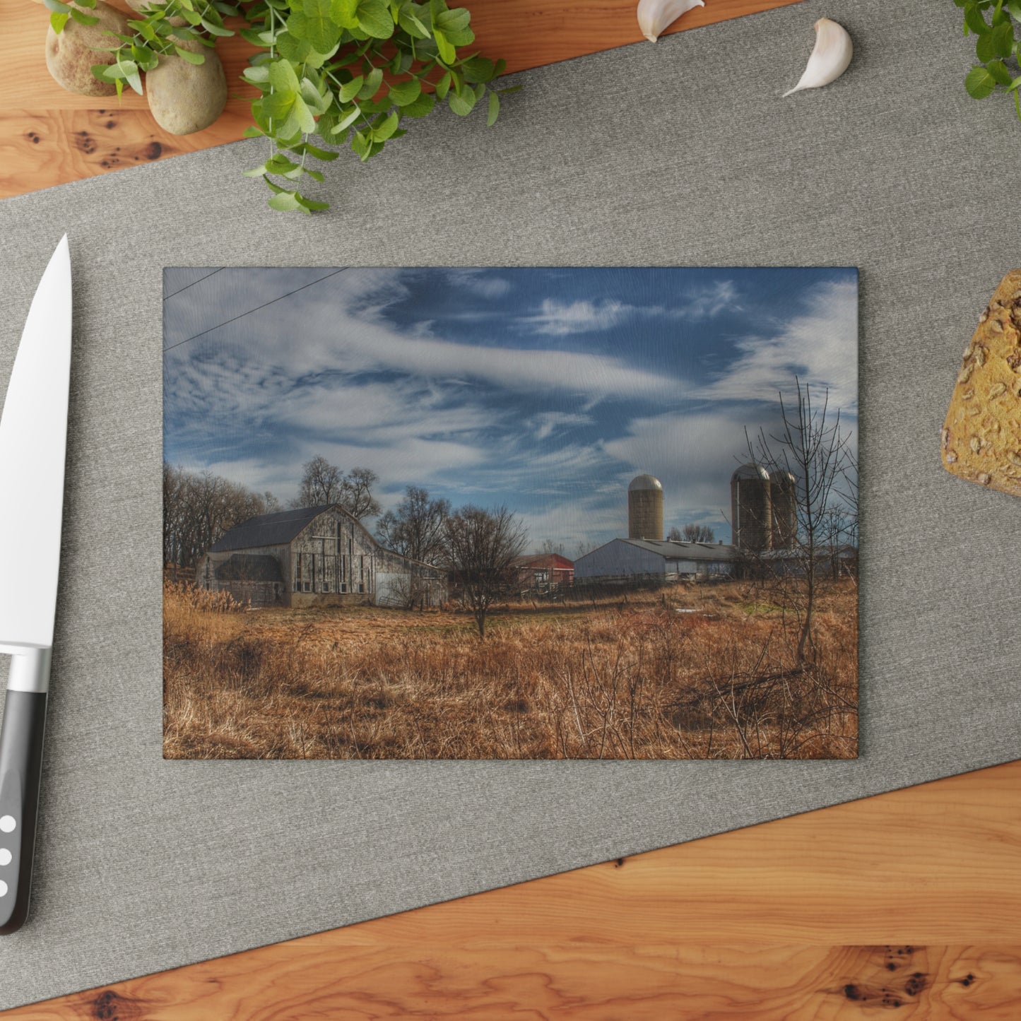U R There Photography Newark Road White II Rustic Farmhouse Tempered-Glass Cutting Board