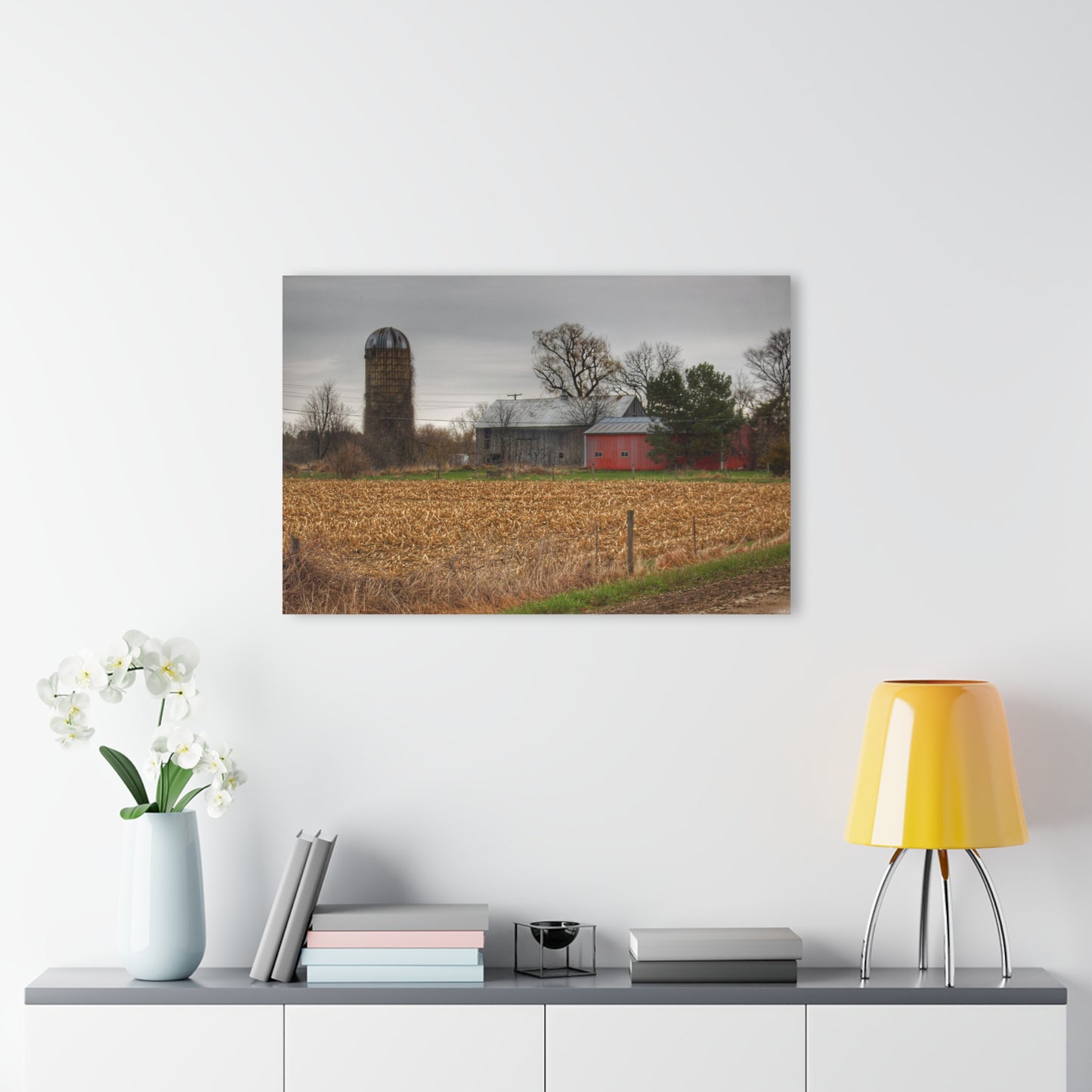 U R There Photography Dryden Road Gable Grey and Silo Rustic Farmhouse Acrylic Wall Print
