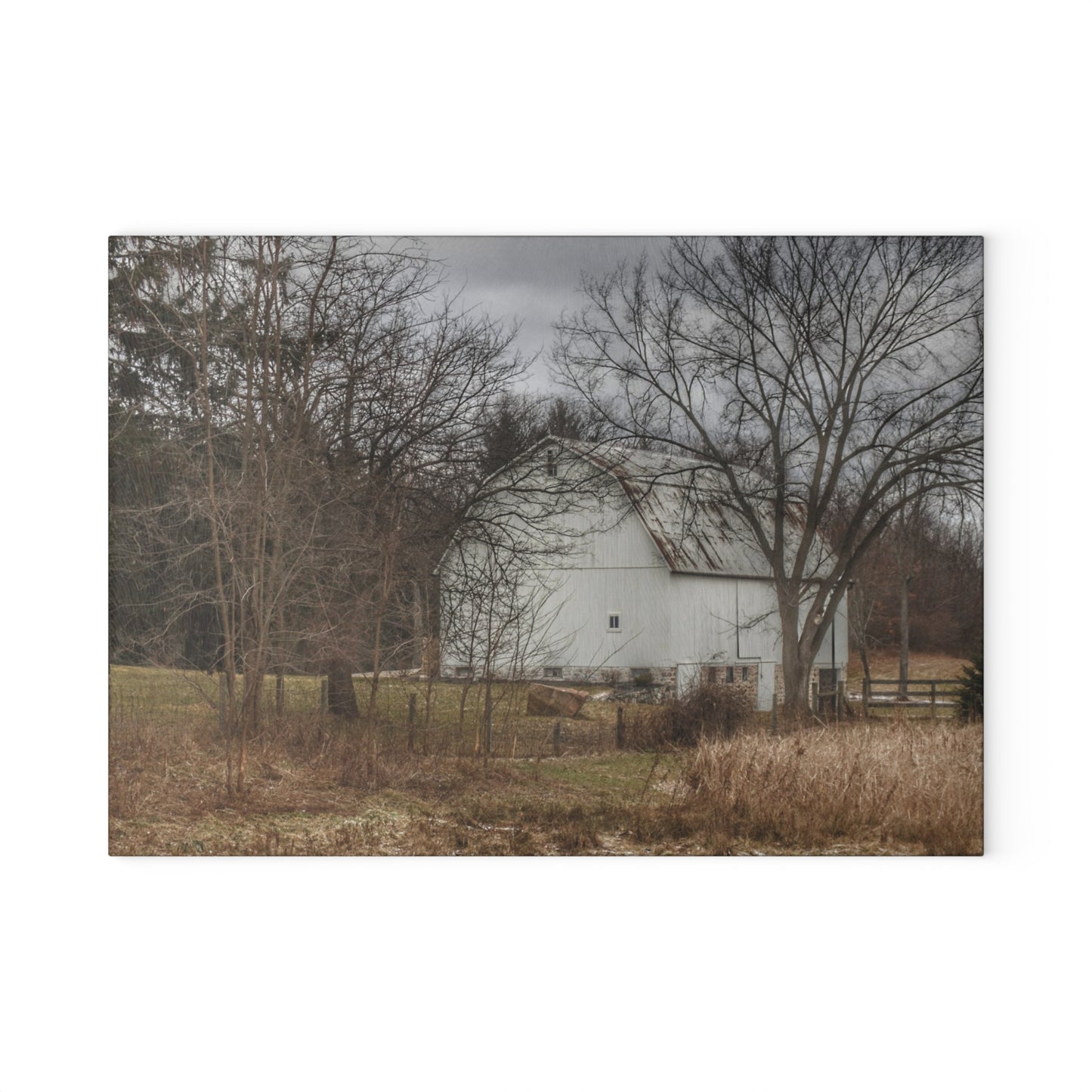 U R There Photography Oakwood Road White II Rustic Farmhouse Tempered-Glass Cutting Board