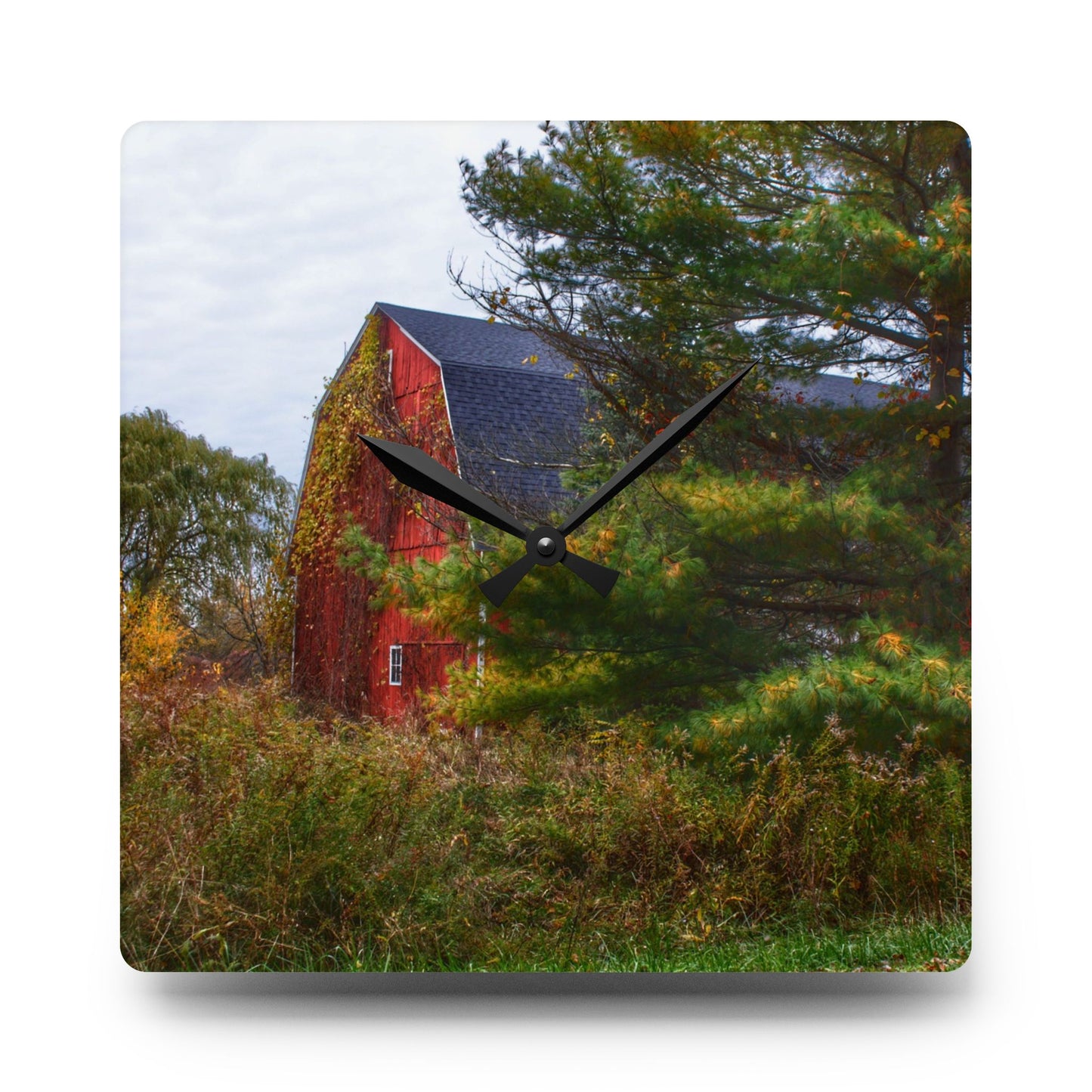 U R There Photography Green Corners Road Hidden Red Rustic Farmhouse Acrylic Analog Wall Clock